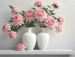 A Couple Of White Vases Filled With Pink Flowers. AI Generated photo