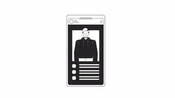 Smartphone with fake online identity bw outline 2D animation. False profile on phone 4K video motion graphic. Catfishing social media monochrome linear animated cartoon flat concept, white background