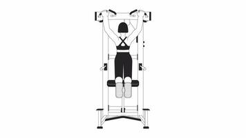 Woman pulling up on pullup machine bw outline cartoon animation. Build strong upper body 4K video motion graphic. Improve strength 2D monochrome linear animated character isolated on white background