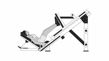 Frau Biegen Knie auf Bein Drücken Sie Maschine bw Gliederung Karikatur Animation. Quadrizeps Übung 4k Video Bewegung Grafik. schwarz Mädchen 2d einfarbig linear animiert Charakter isoliert auf Weiß Hintergrund