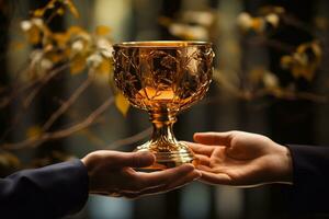 Close up of male and female hands holding golden cup on blurred background Generative AI photo