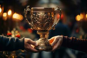 cerca arriba de un hombre mano participación un dorado trofeo. generativo ai foto