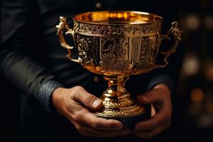 Close up of a man hand holding a golden trophy cup Generative ai photo
