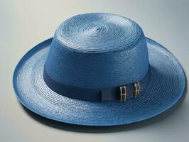 un azul sombrero con un cinta alrededor el borde. ai generado foto