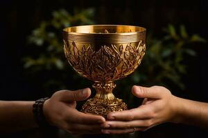 Hands holding a golden chalice on a dark background. Generative AI photo