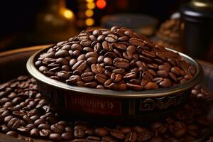 Coffee beans on a wooden table. Dark background. Selective focus. Generative AI photo