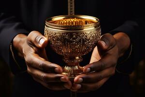 Close up of hands of a Muslim woman holding a golden chalice Generative AI photo