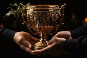 Close up of female hands holding golden trophy cup on dark background Generative AI photo