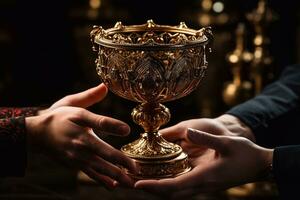 Closeup image of man and woman hands holding golden chalice Generative AI photo