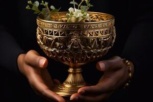 Close up of female hands holding golden bowl with white flowers. Generative ai photo