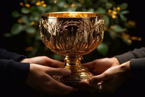 Close up of two hands holding golden chalice on blurred background Generative AI photo