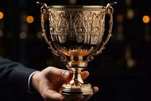 Close up of a golden trophy cup in a man of hand Generative ai photo