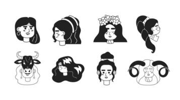 Mysterious women monochrome flat linear character heads bundle. Multinational faces. Editable outline people icons. Line users faces. 2D cartoon spot vector avatar illustration pack for animation