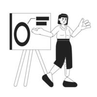 Prosthetic leg asian woman presenting diagram whiteboard black and white 2D cartoon character. Female business owner isolated vector outline person. Startup office monochromatic flat spot illustration
