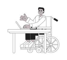 silla de ruedas joven hombre remoto estudiante negro y blanco 2d dibujos animados personaje. africano americano masculino ordenador portátil aislado vector contorno persona. discapacitado chico cuaderno monocromo plano Mancha ilustración