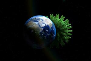 Planet earth and virus. Great danger to the world covid-19 attack 3d render photo manipulation, corona virus illustration