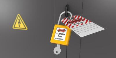 Lock out, tag out with a danger tag 3d render illustration. Danger and do not operate warning. Machine and electrical system and safety equipment. photo