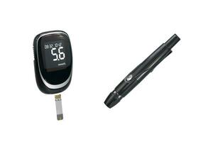 Diabetic testing kit. Blood glucose monitor or glucometer, with lancet device and testing strips. photo