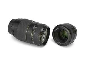 Camera lenses on isolated white background. 70-300 mm and 50mm. photo