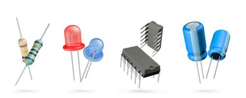 3d electronic components illustration on isolated white background. Resistor, led, integrated circuit and capacitor. photo