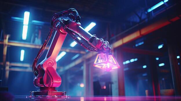 Robotic arm machine technology with background mechanical factory generated by AI photo