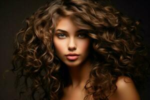 A Beautiful girl with brown curly hair exude confidence looking at camera generated by AI photo