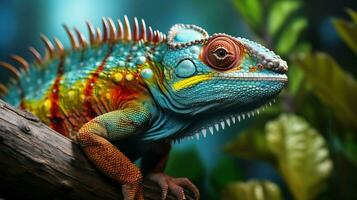 Colorful chameleon is standing on a tree branch generated by AI photo