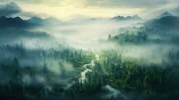 West coast rain forest view with foggy generated by AI photo