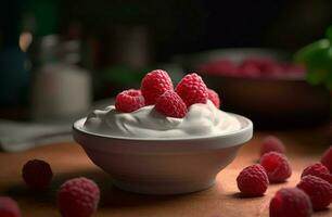 Yogurt raspberry bowl kitchen. Generate Ai photo