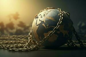 World globe in chain sunset. Generate Ai photo