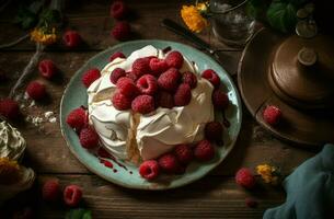 Pavlova cake raspberries. Generate Ai photo