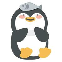 linda pingüino con pescado plano dibujos animados vector