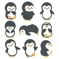 cute doodle penguins cartoon set vector