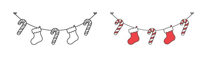 Christmas Stocking and Candy Cane Garland Outline Doodle Set Vector Illustration, Christmas Coloring Book Page Line Art Graphics for Kids, Festive Winter Holiday Season Bunting