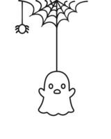 Ghost Hanging on a Spider Web Line Art Doodle, Happy Halloween Spooky Ornaments Decoration Vector illustration