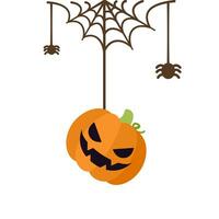 Jack o linterna mal calabaza colgando en un araña web, contento Víspera de Todos los Santos escalofriante adornos decoración vector ilustración