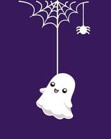 Cute Ghost Hanging on a Spider Web Cartoon, Happy Halloween Spooky Ornaments Decoration Vector illustration