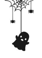 Ghost Hanging on a Spider Web Silhouette, Happy Halloween Spooky Ornaments Decoration Vector illustration