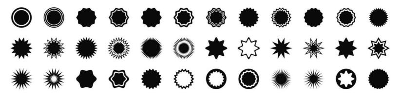 Set of black round shapes, star shapes, stickers, sale badges, price tags, quality marks, retro geometric shapes, sunburst badges, vector frames.