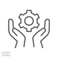 Skill ability icon. Skilled employee. Gear and hand symbol of talents abilities. Leadership capability, competency outline style. Editable stroke Vector illustration design on white background. EPS 10