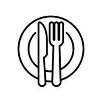 plato y cuchillo con un tenedor icono, cena, comida, comer cuchillería contorno estilo. restaurante plato en comida mesa colocar. vajilla, cubiertos servicio logo vector ilustración diseño en blanco antecedentes eps 10