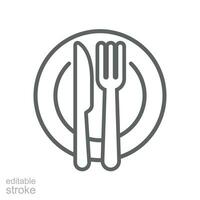 Plate and knife with a fork icon, dinner, meal, eat cutlery, outline style Restaurant dish dining table set. Tableware, silverware Editable stroke Vector illustration design on white background EPS 10