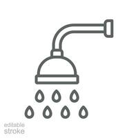 Shower icon. Showerheads simple with water drops, shower head, Bathroom, Bath time sign  for your web site and mobile apps. Editable stroke. line Vector illustration design on white background. EPS 10