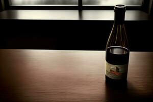 A Bottle Of Wine Sitting On Top Of A Wooden Table. AI Generated photo