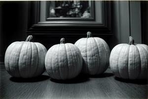 A Group Of White Pumpkins Sitting On Top Of A Wooden Table. AI Generated photo