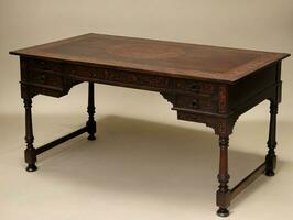 An Old Wooden Desk With A Carved Top. AI Generated photo