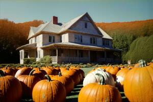 un grande casa con un montón de calabazas en frente de él. ai generado foto