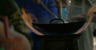 Cocinando plato en wok en abierto fuego, Tailandia video