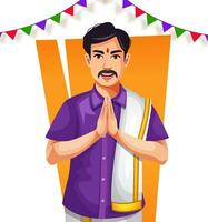 Indian man in traditional Indian outfits praying on Diwali. Decorative background graphic template vector