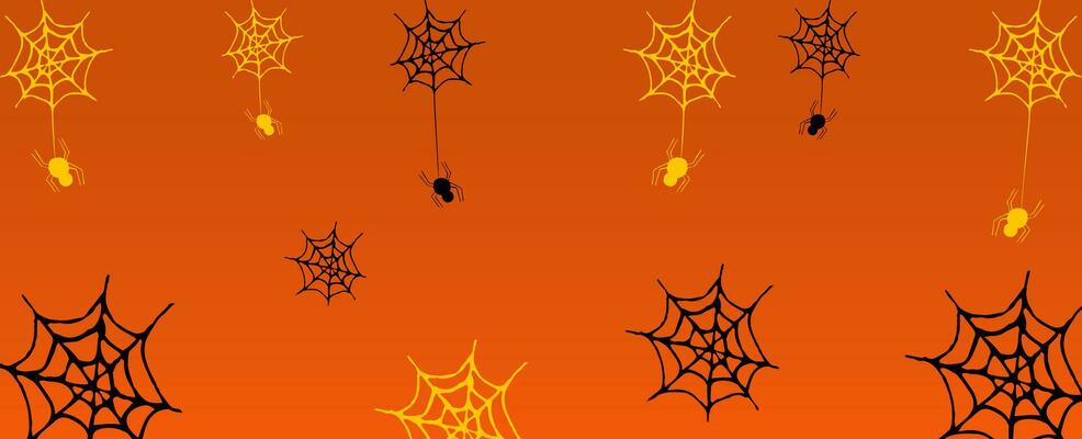Vector Halloween background horizontal banner with spider and spider web. Advertising copy space.